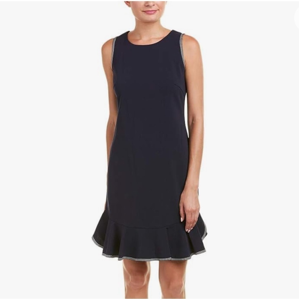NWT SHARAGANO Navy Blue Sleeveless Ribbon Trim Ruffle Hem Dress